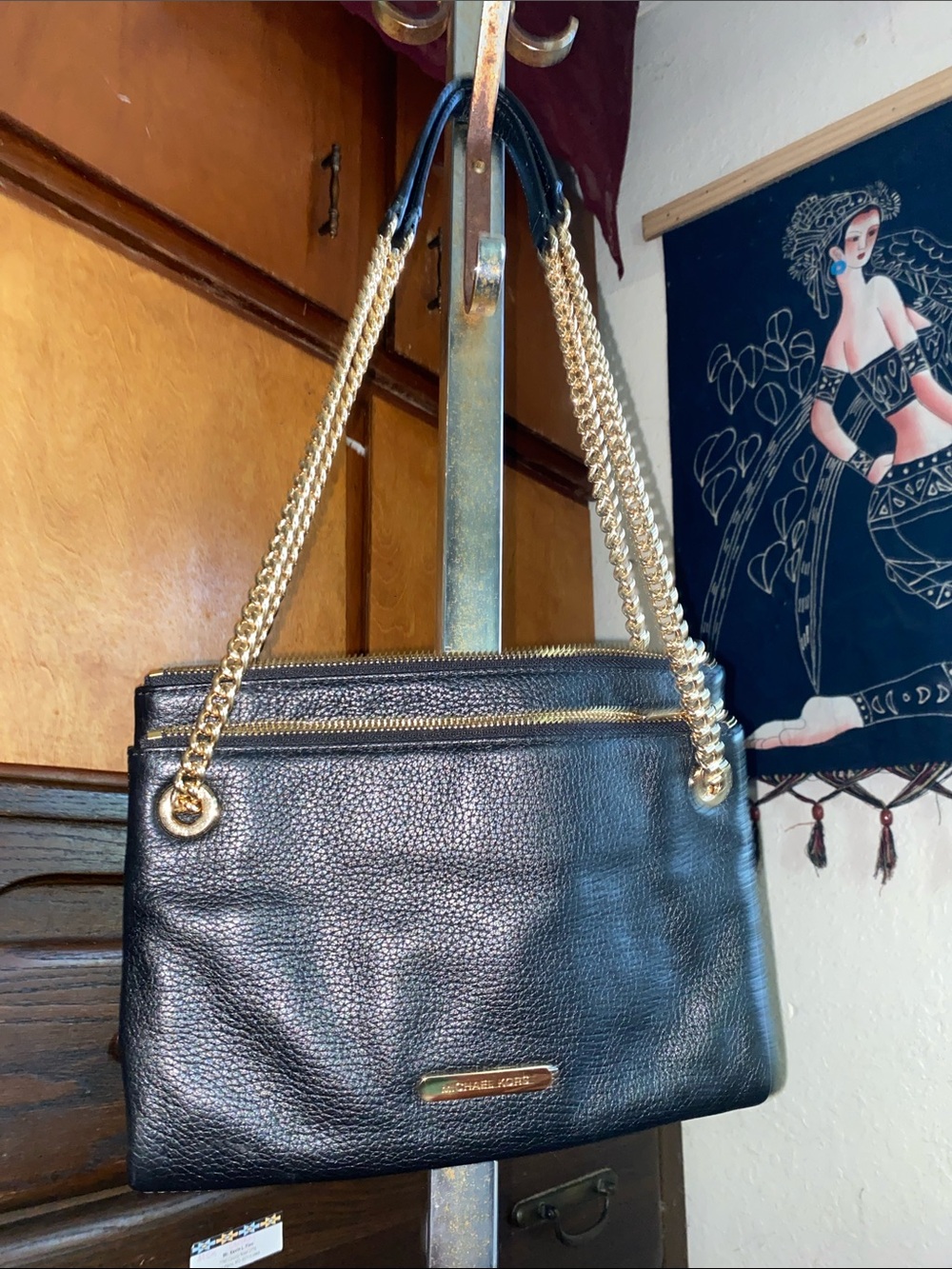 Michael Kors Black Pebbled Leather Shoulder Bag with Gold Chain